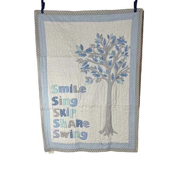 Pottery Barn Kids Wishes Toddler Quilt Blue Tree Smile Sing Skip Share Swing - Picture 1 of 9
